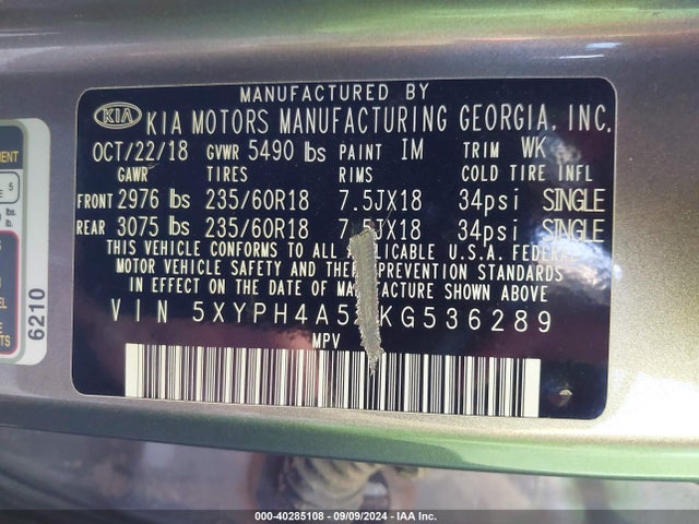 KIA Sorento 3.3l Ex 2019 5XYPH4A52KG536289 Image 9