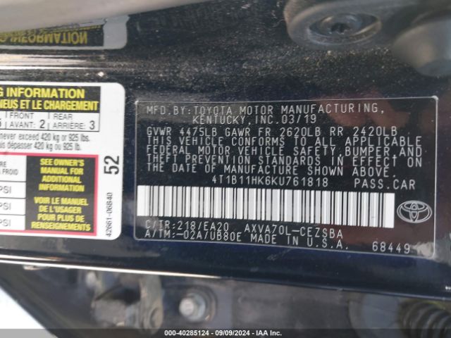 4T1B11HK6KU761818 Toyota CAMRY SE