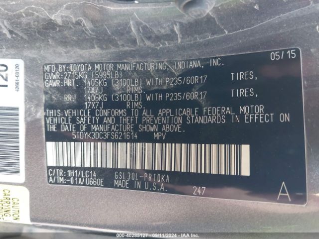 5TDYK3DC3FS621614 Toyota Sienna Xle Premium 8 Passenger