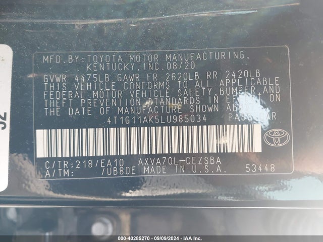 Toyota CAMRY SE 2020 4T1G11AK5LU985034 Image 9