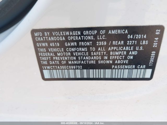 1VWCT7A35EC099732 Volkswagen Passat 1.8t Sel Premium