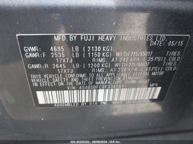 4S4BSBFC0F3342891 Subaru Outback 2.5i Premium
