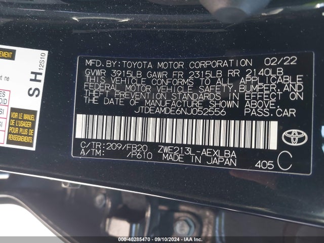 JTDEAMDE6NJ052556 Toyota Corolla Hybrid Le