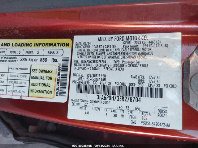 Ford FUSION SE 2014 3FA6P0H73ER278704 Image 9