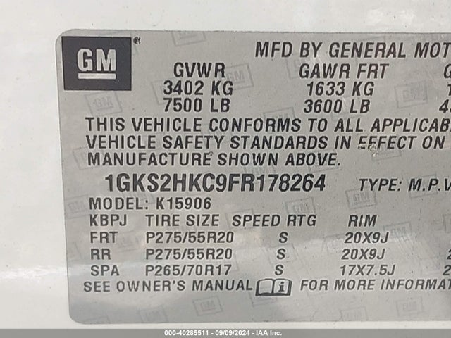 1GKS2HKC9FR178264 GMC Yukon Xl 1500 Slt