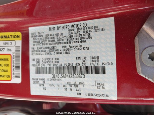 3LN6L5A94KR630873 Lincoln Mkz Standard