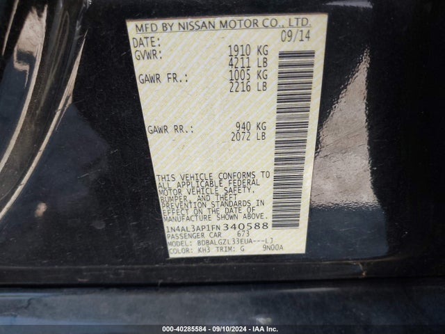 Nissan Altima 2.5 S 2015 1N4AL3AP1FN340588 Image 9