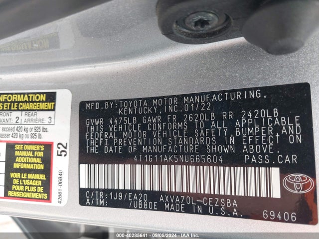 Toyota CAMRY SE 2022 4T1G11AK5NU665604 Image 9