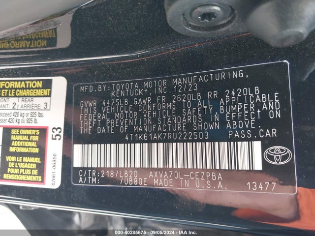 Toyota CAMRY XSE 2024 4T1K61AK7RU222503 Image 9
