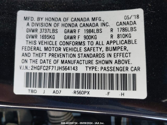 Honda CIVIC EX 2018 2HGFC2F71JH564143 Image 9