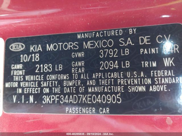 3KPF34AD7KE040905 KIA FORTE S