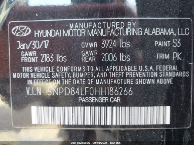 5NPD84LF0HH186266 Hyundai ELANTRA SE