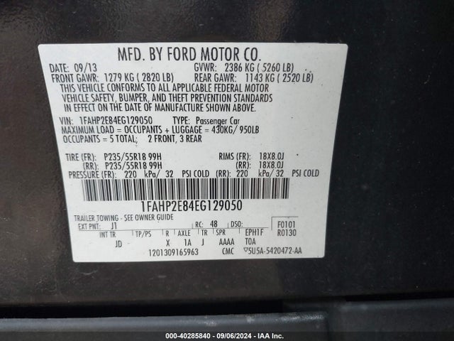 Ford TAURUS SEL 2014 1FAHP2E84EG129050 Image 9