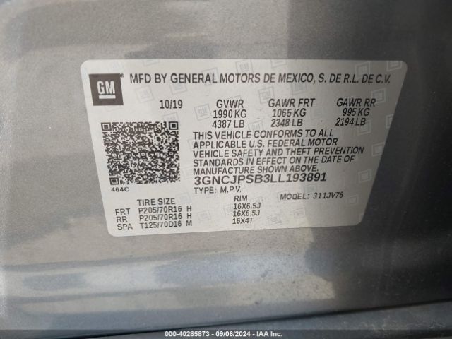 3GNCJPSB3LL193891 Chevrolet Trax Awd Lt