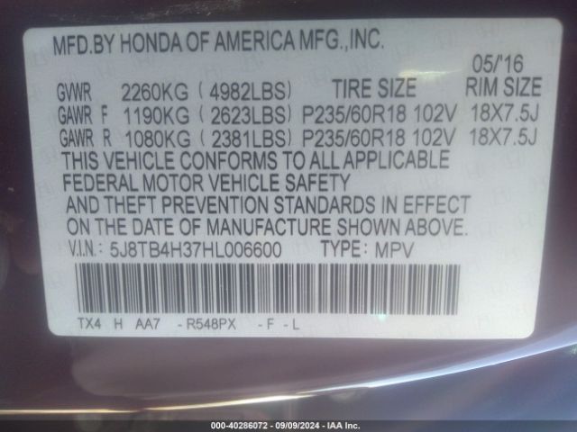 5J8TB4H37HL006600 Acura Rdx Acurawatch Plus Package