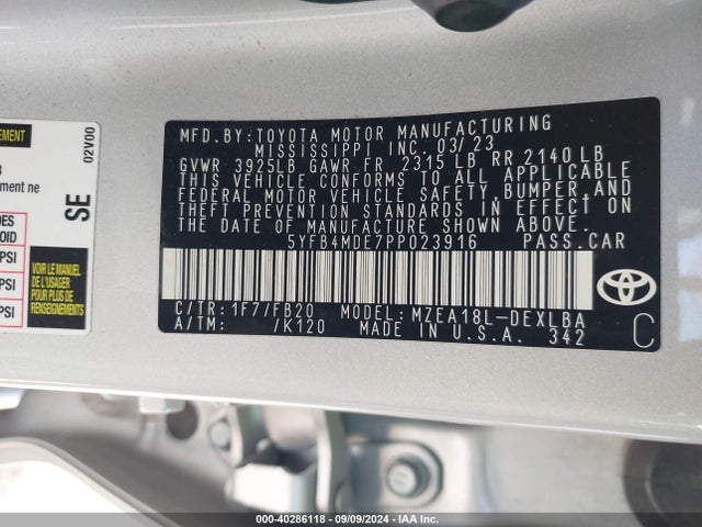 Toyota COROLLA LE 2023 5YFB4MDE7PP023916 Image 9
