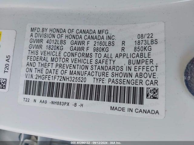 Honda CIVIC EX 2022 2HGFE1F72NH325520 Image 9