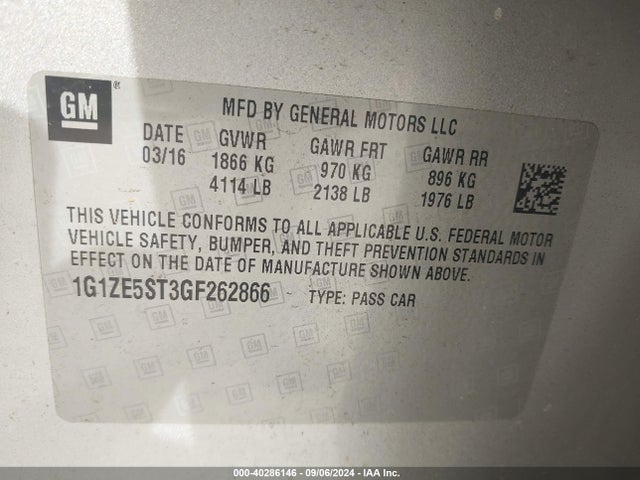 Chevrolet MALIBU 1LT 2016 1G1ZE5ST3GF262866 Image 9