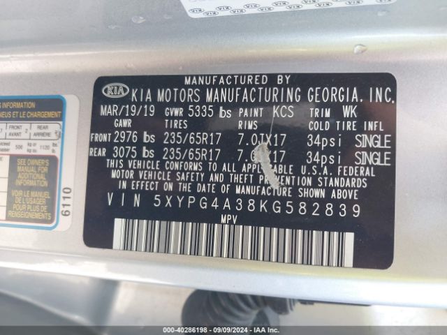 5XYPG4A38KG582839 KIA Sorento 2.4l L