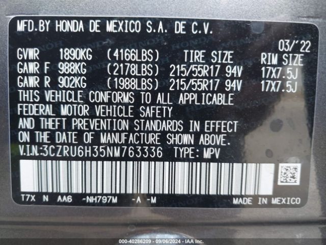 3CZRU6H35NM763336 Honda Hr-v Awd Lx