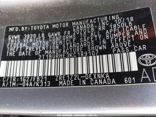 2T1BURHE3KC189107 Toyota COROLLA LE