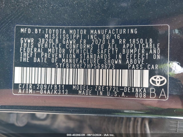 Toyota COROLLA LE 2017 5YFBURHE7HP569673 Image 9