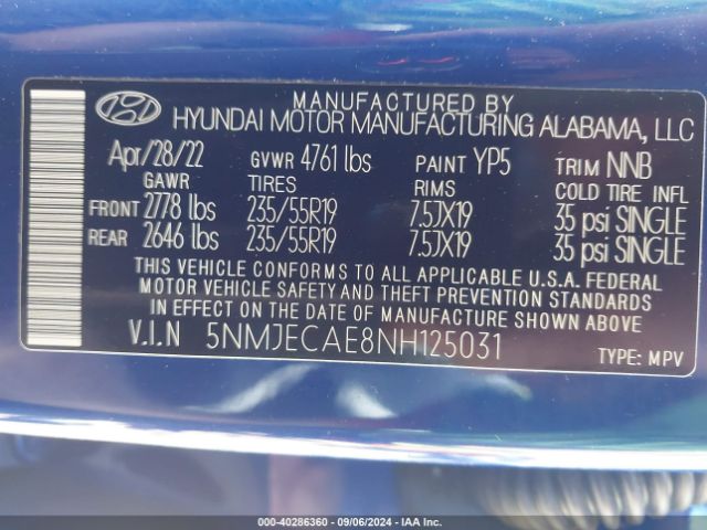 5NMJECAE8NH125031 Hyundai Tucson Limited