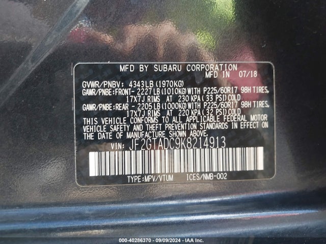 Subaru Crosstrek 2.0i Premium 2019 JF2GTADC9K8214913 Image 9