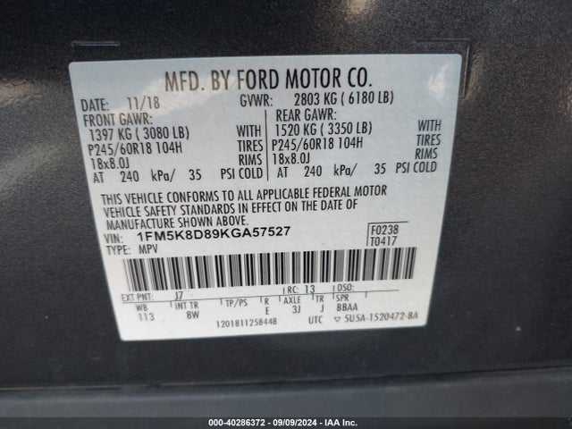 Ford EXPLORER XLT 2019 1FM5K8D89KGA57527 Image 9