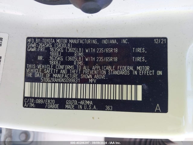 Toyota Highlander Xle 2022 5TDGZRAH6NS099831 Image 9