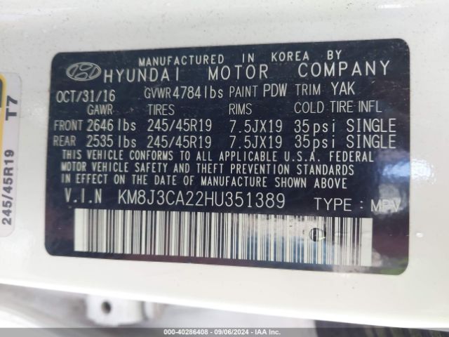 KM8J3CA22HU351389 Hyundai Tucson Sport
