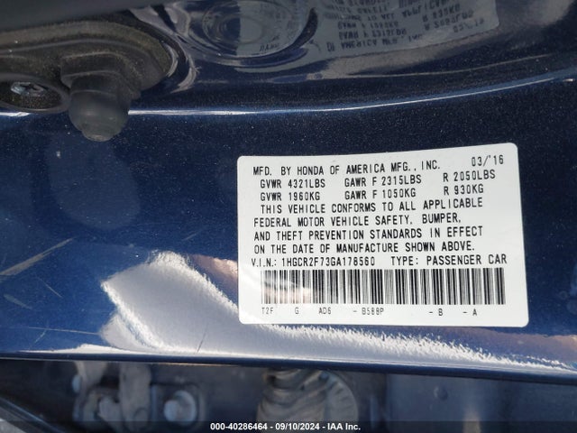 Honda ACCORD EX 2016 1HGCR2F73GA178560 Image 9