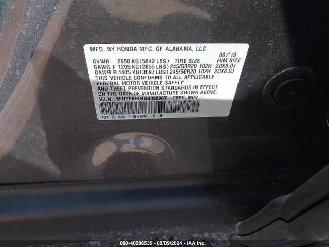 Honda Pilot Elite 2016 5FNYF6H04GB098907 Image 9