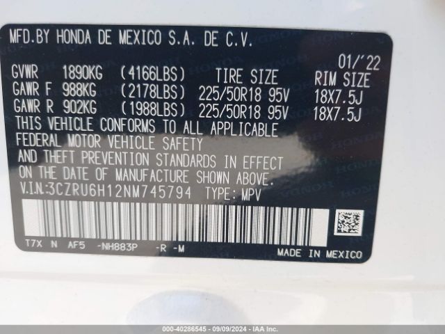 3CZRU6H12NM745794 Honda Hr-v Awd Sport
