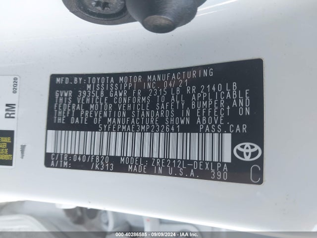 Toyota COROLLA LE 2021 5YFEPMAE3MP232641 Image 9