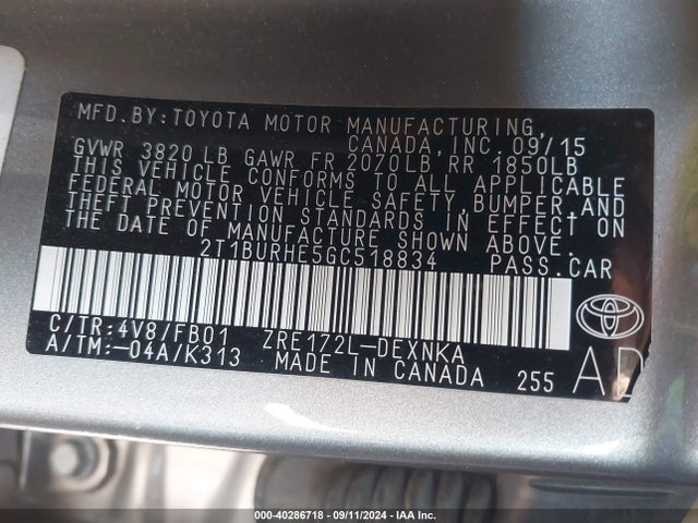 Toyota COROLLA LE 2016 2T1BURHE5GC518834 Image 9