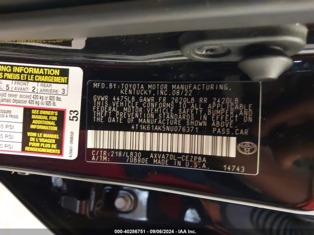 2022 Toyota Camry Xse მანქანა იყიდება აუქციონზე, vin: 4T1K61AK5NU076371, აუქციონის ნომერი: 40286751