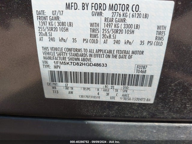 Ford EXPLORER XLT 2017 1FM5K7D82HGD48633 Image 9
