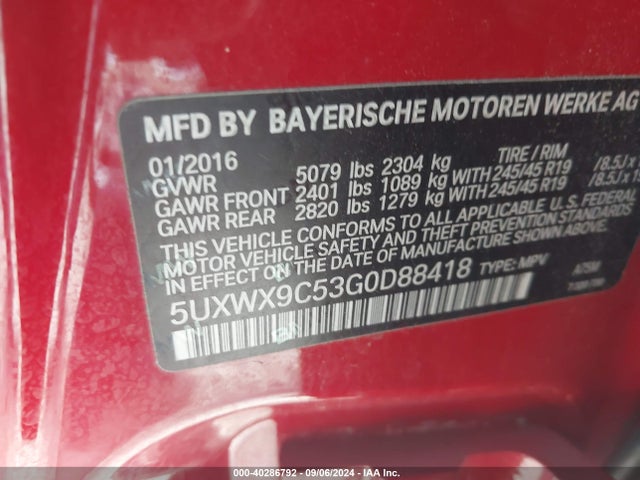 BMW X3 Xdrive28i 2016 5UXWX9C53G0D88418 Image 9