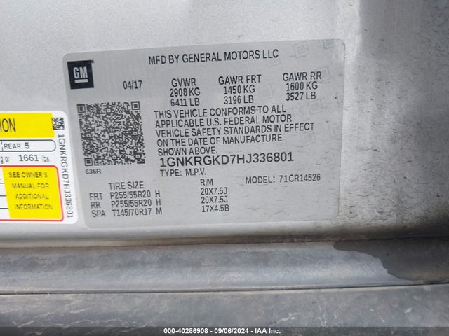 Chevrolet Traverse 1lt 2017 1GNKRGKD7HJ336801 Image 9