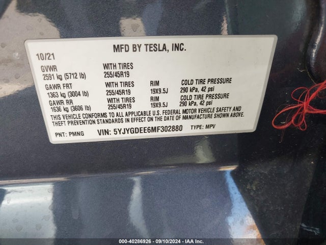 2021 TESLA MODEL Y 5YJYGDEE6MF302880 Photo 8