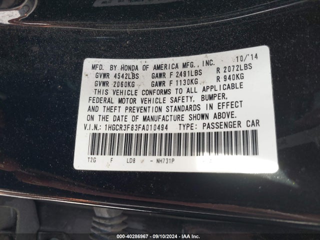 Honda Accord Ex-l V-6 2015 1HGCR3F83FA010494 Image 9