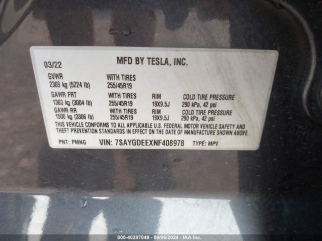7SAYGDEEXNF408978 Tesla Model Y Long Range Dual Motor All-wheel Drive
