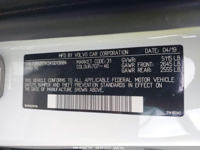 7JRA22TK5KG013684 Volvo S60 T6 Momentum