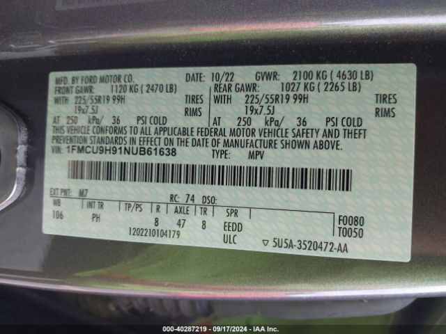 1FMCU9H91NUB61638 Ford ESCAPE SEL