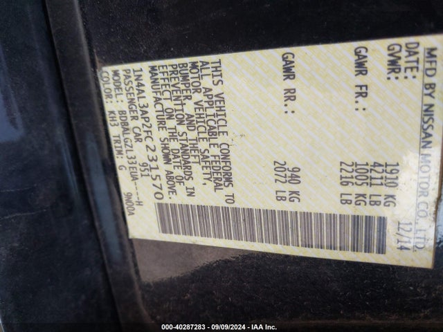 Nissan Altima 2.5 S 2015 1N4AL3AP2FC231570 Image 9