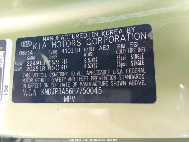 KIA SOUL + 2015 KNDJP3A56F7750045 Image 9