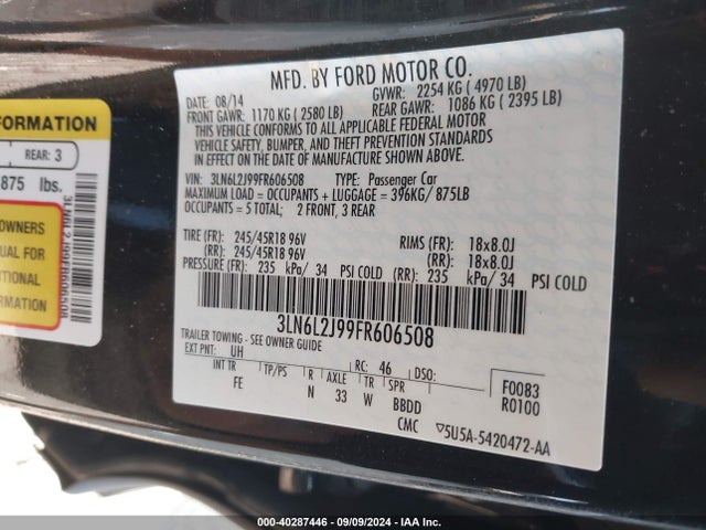 Lincoln MKZ 2015 3LN6L2J99FR606508 Image 9