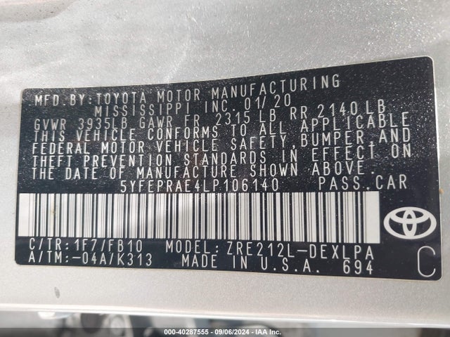 Toyota COROLLA LE 2020 5YFEPRAE4LP106140 Image 9