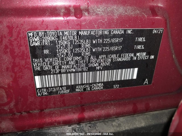 Aukcja sprzedaży 2021 Toyota Rav4 Xle, vin: 2T3P1RFV4MW198182, numer aukcji: 40287563